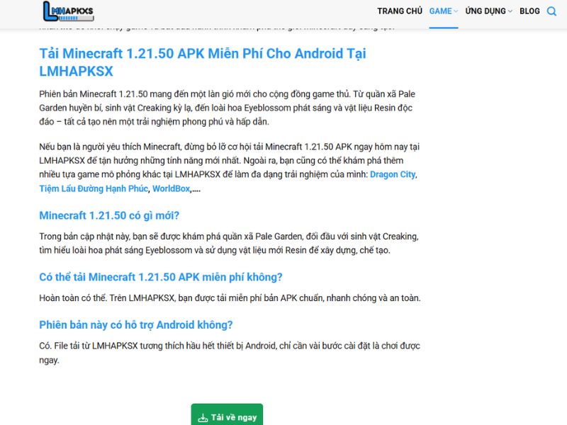 Tải Minecraft 1.21.50 APK Miễn Phí Cho Android Hướng Dẫn Tải Minecraft 1.21.50 APK Tại LMHAPKSX